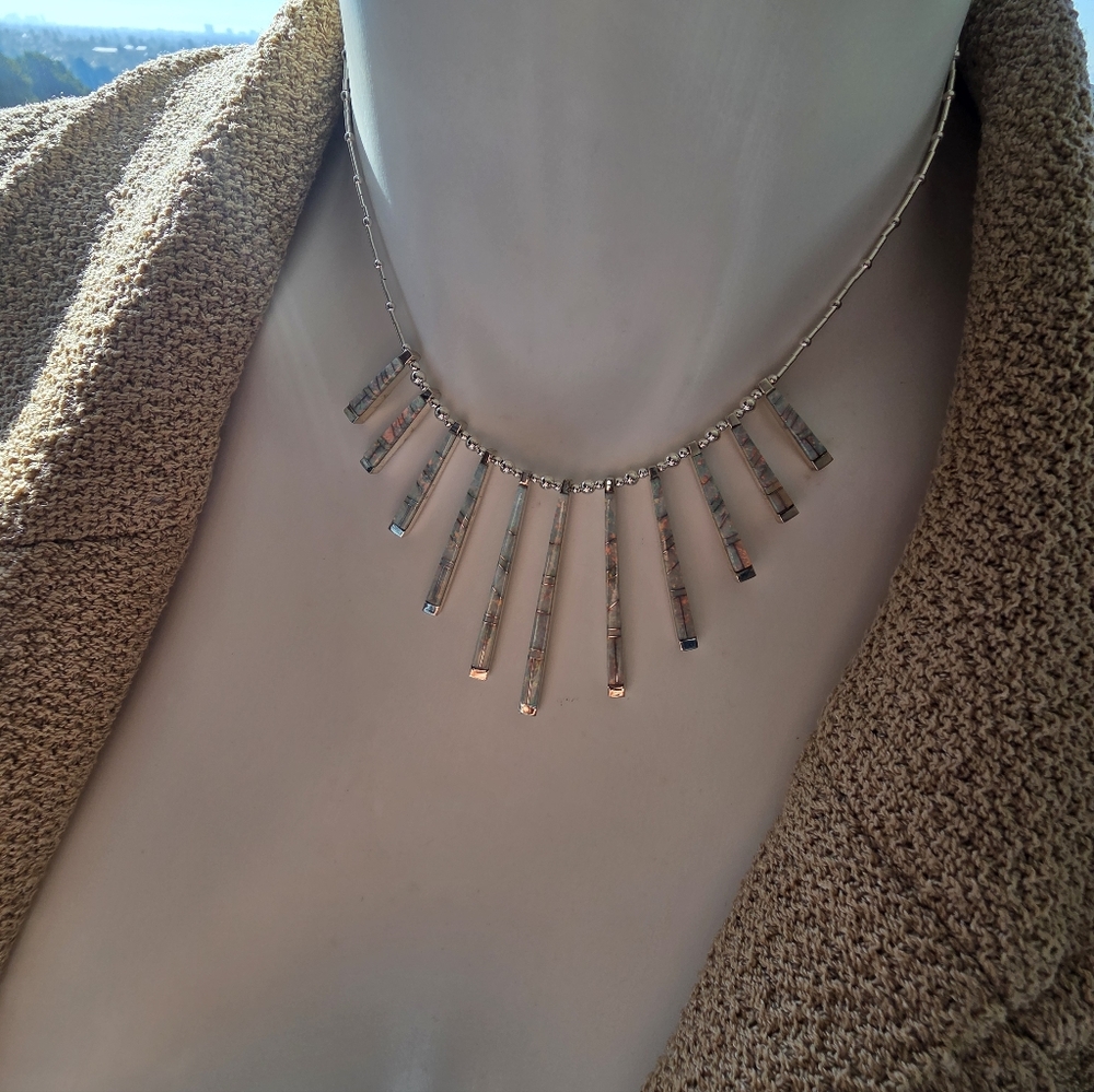 🆕️Chic STERLING Silver BAR Necklace with OPAL Inlay Details - Picture 12 of 14